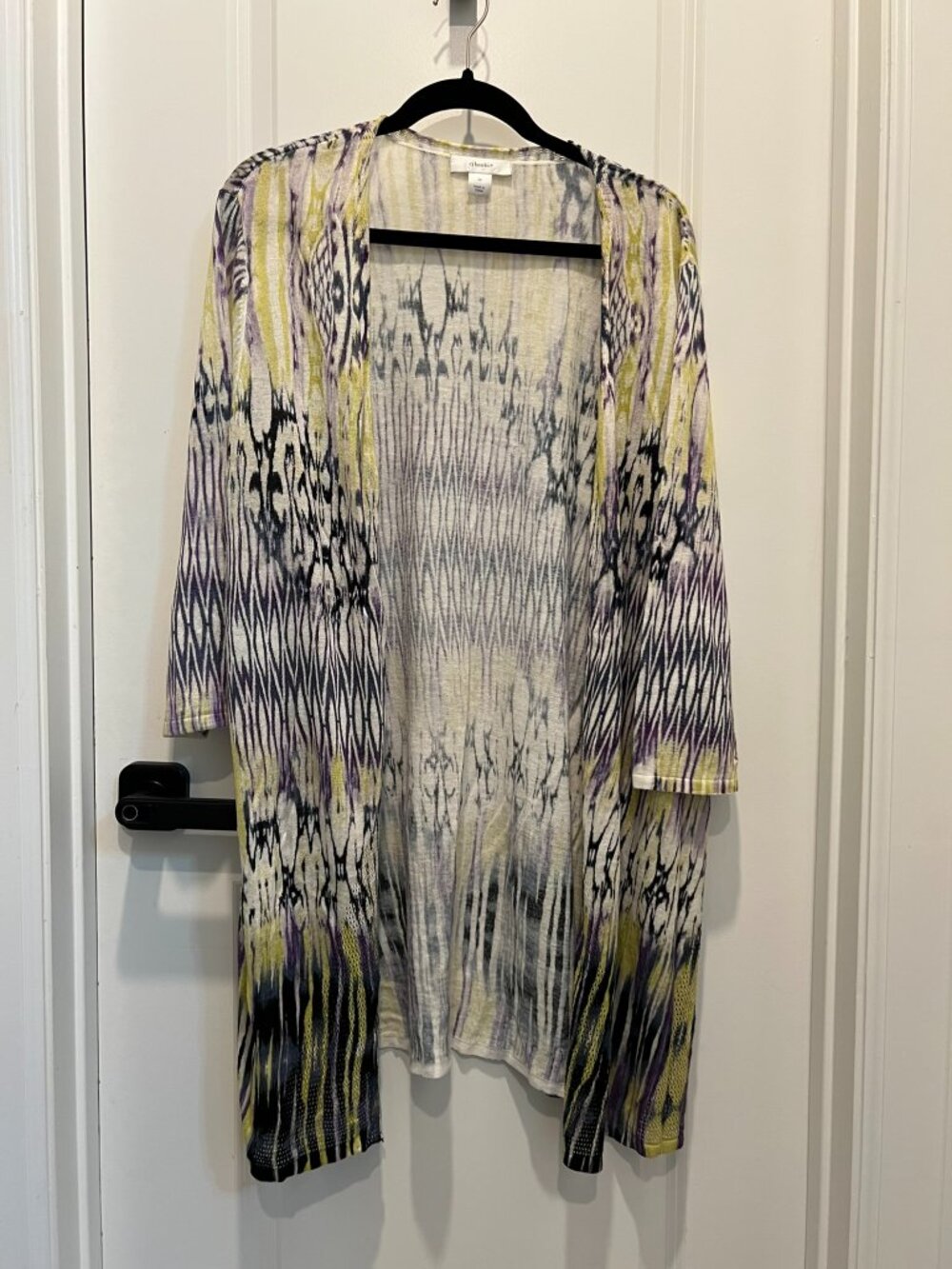 B💲16 ♻ CJ Banks Lightweight Open Front Cardigan Purple Yellow Black 3X | A0036